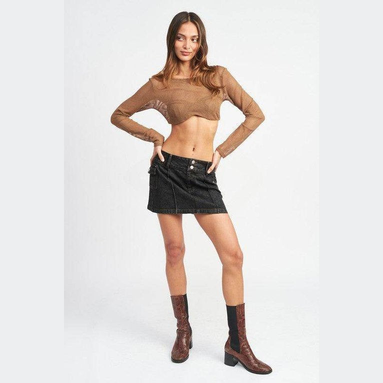 Emory Park long sleeve cropped vacation top in sheer brown paired with a black denim skirt