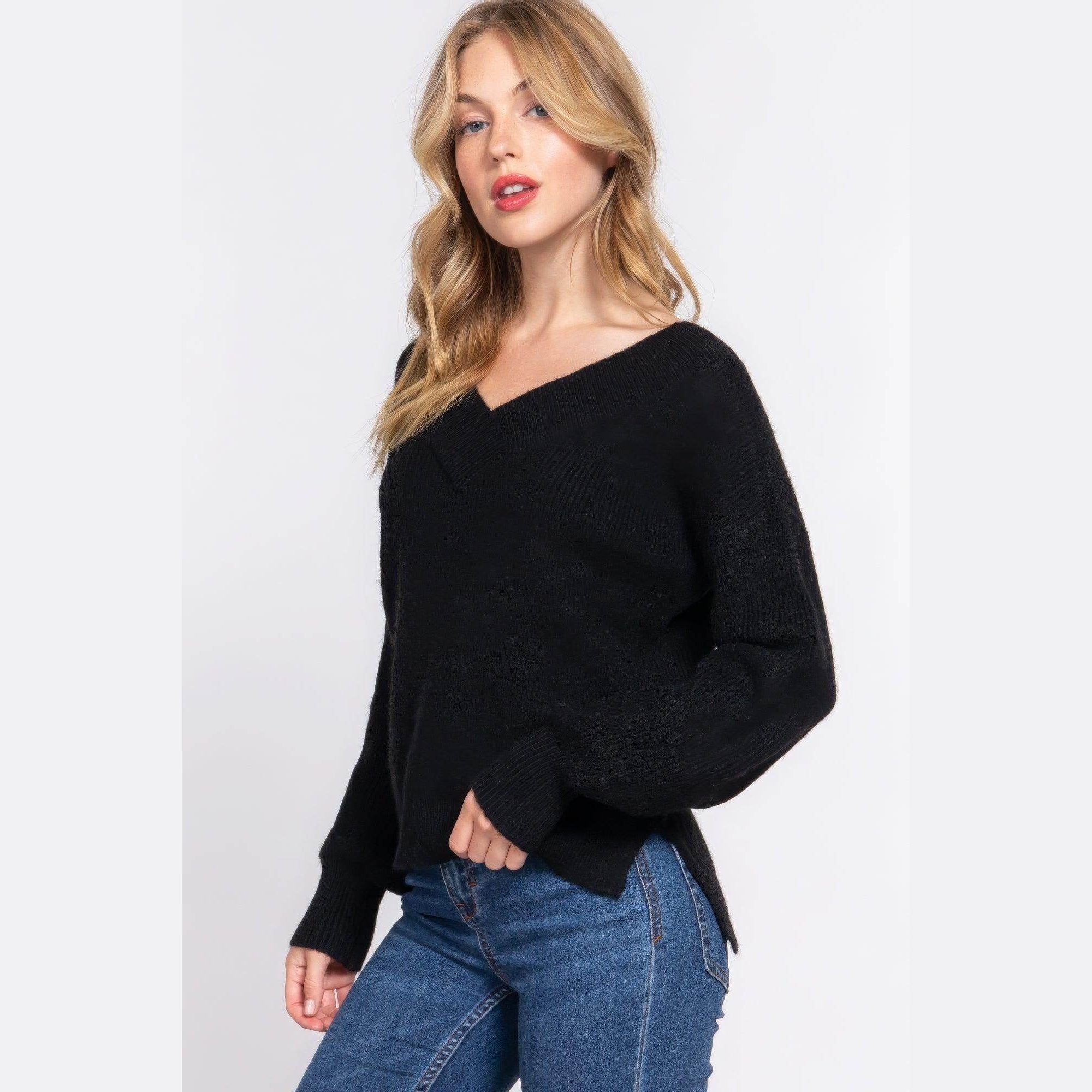 Long Sleeve Double V-neck Sweater - VacationGrabs