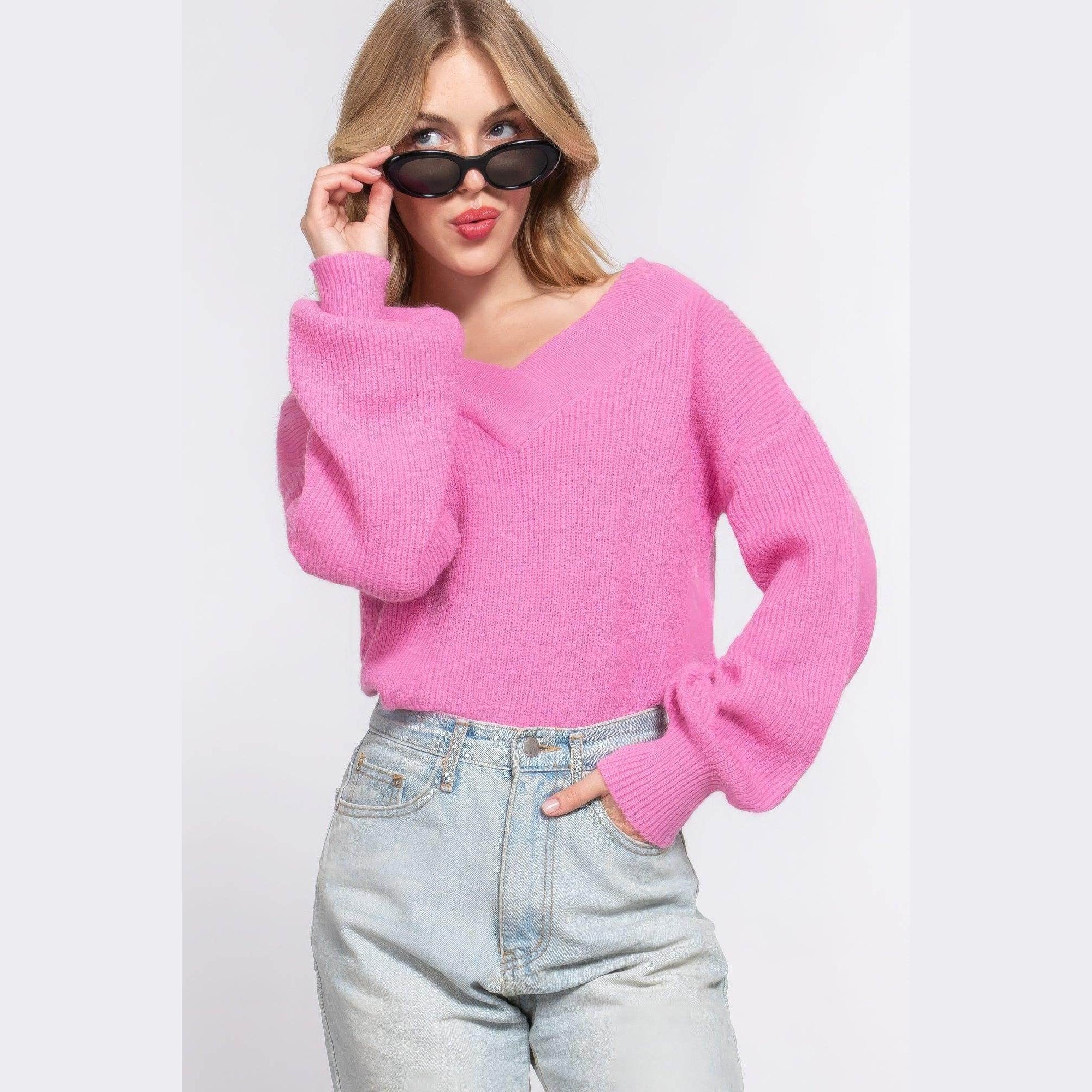 Long Sleeve Double V-neck Sweater - VacationGrabs