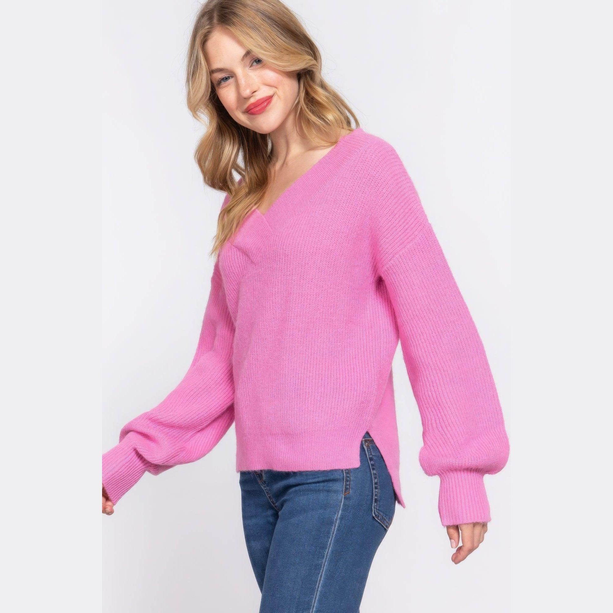 Long Sleeve Double V-neck Sweater - VacationGrabs