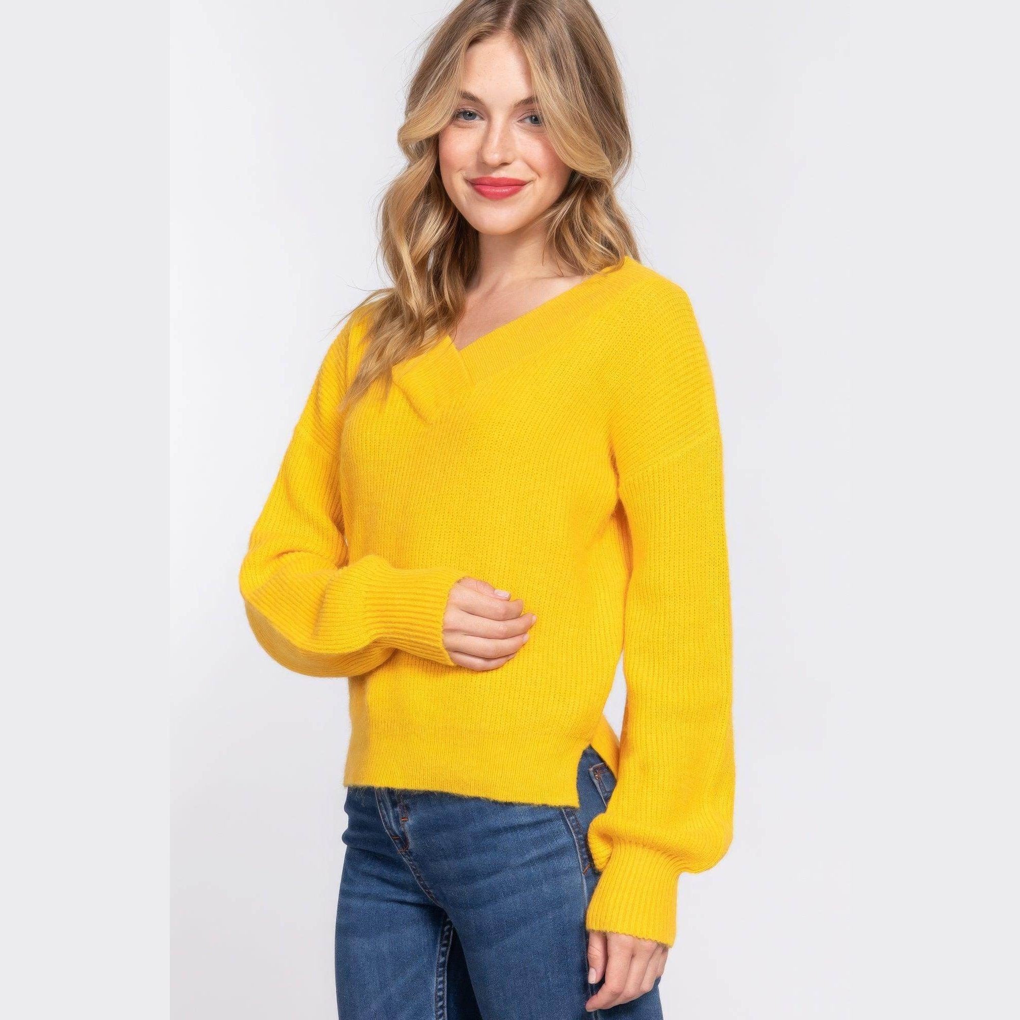 Long Sleeve Double V-neck Sweater - VacationGrabs