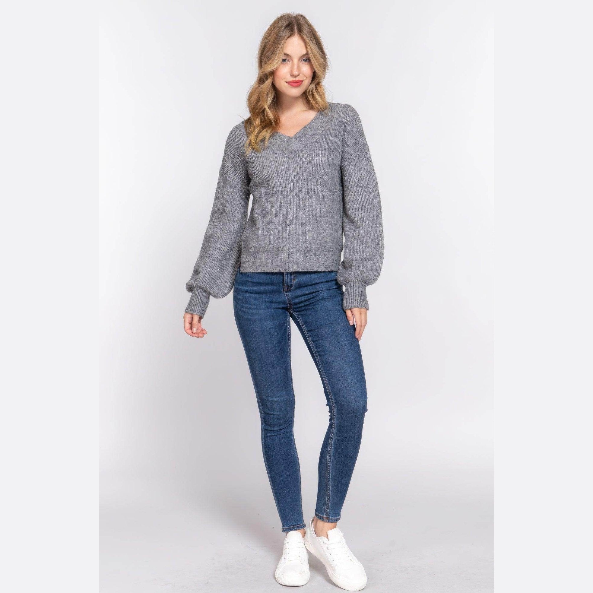 Long Sleeve Double V-neck Sweater - VacationGrabs