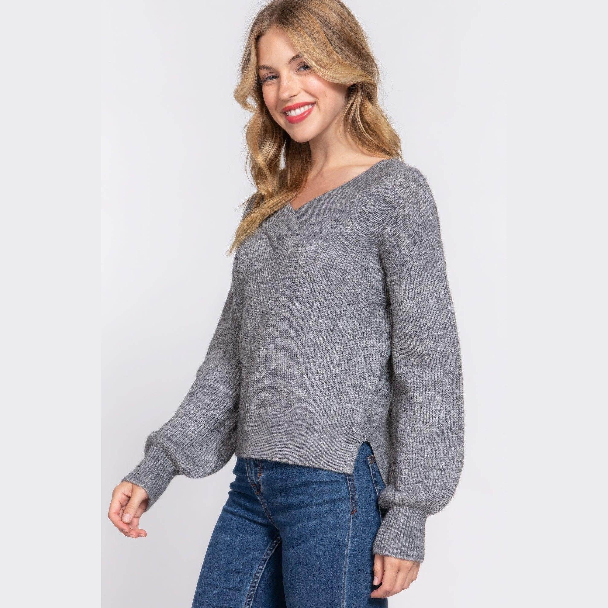 Long Sleeve Double V-neck Sweater - VacationGrabs