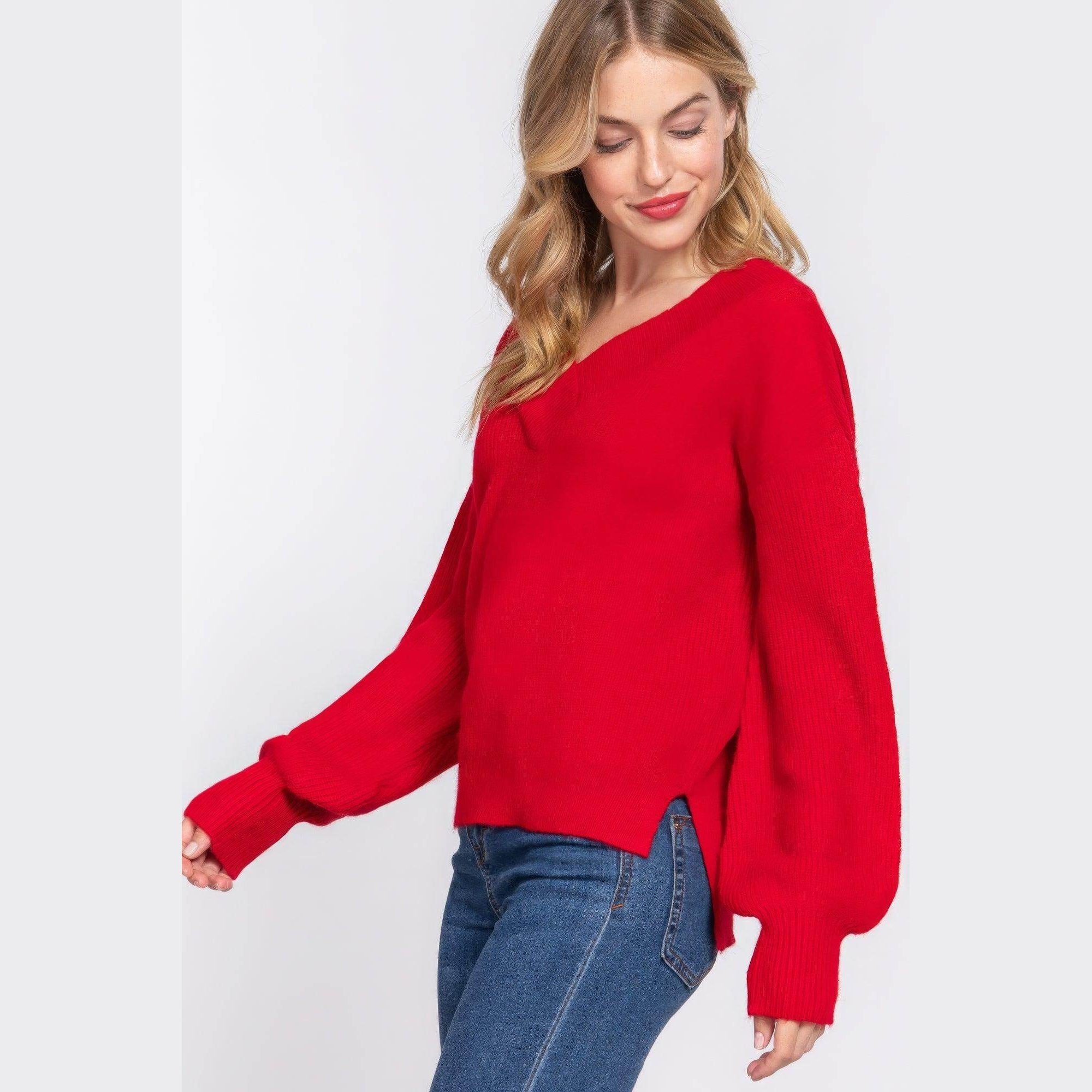 Long Sleeve Double V-neck Sweater - VacationGrabs