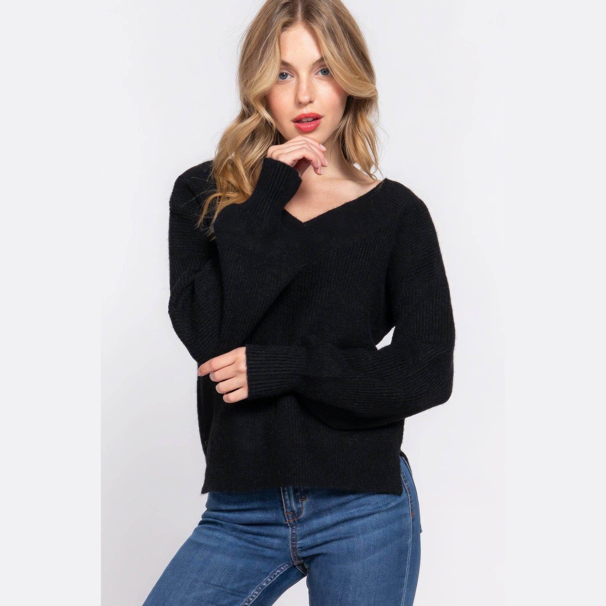 Long Sleeve Double V-neck Sweater - VacationGrabs