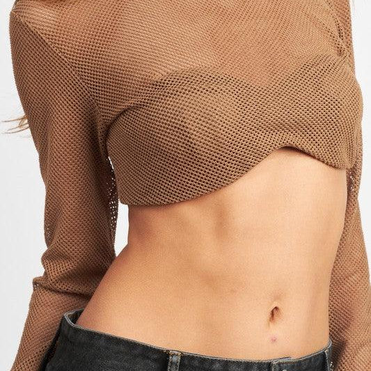 Women's Shirts - Cropped Tops Long Sleeve Mesh Built-In Bra Top Cropped