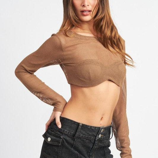 Women's Shirts - Cropped Tops Long Sleeve Mesh Built-In Bra Top Cropped