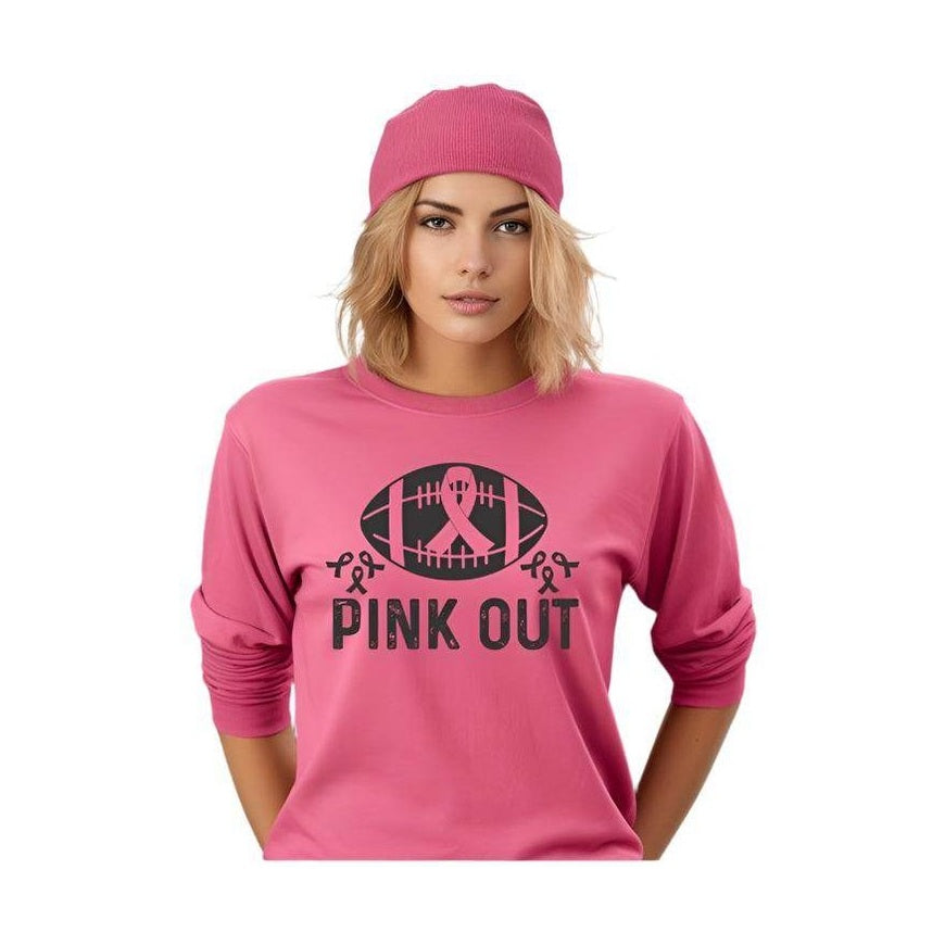 Ocean and 7th long sleeve pink tee featuring a football design and Pink Out messages