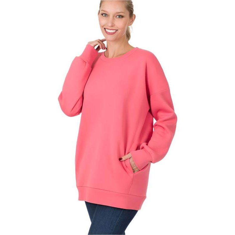 Long Sleeve Round Neck Sweatshirt Side Pockets - VacationGrabs