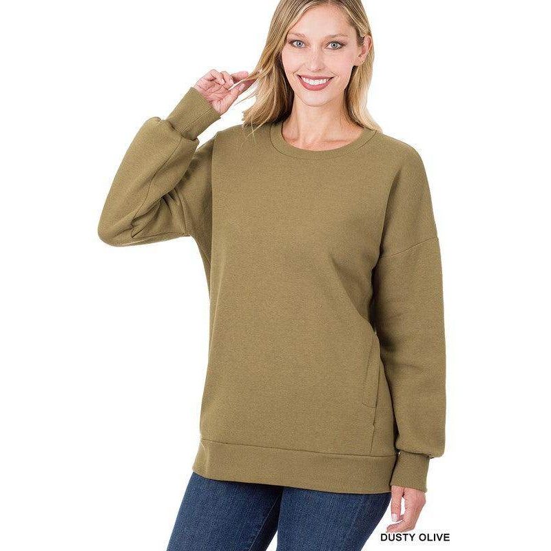 Long Sleeve Round Neck Sweatshirt Side Pockets - VacationGrabs
