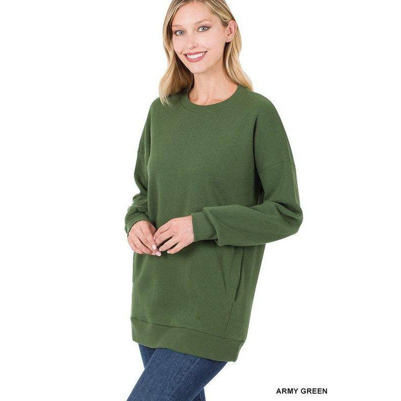 Long Sleeve Round Neck Sweatshirt Side Pockets - VacationGrabs