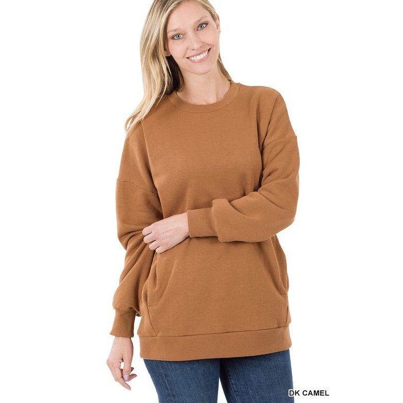 Long Sleeve Round Neck Sweatshirt Side Pockets - VacationGrabs