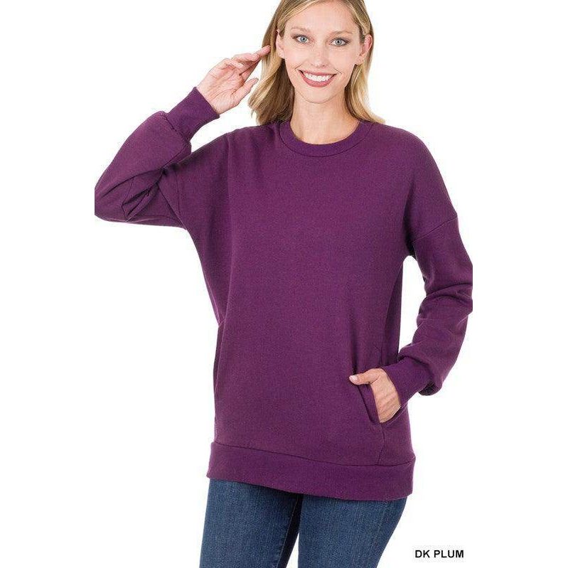 Long Sleeve Round Neck Sweatshirt Side Pockets - VacationGrabs