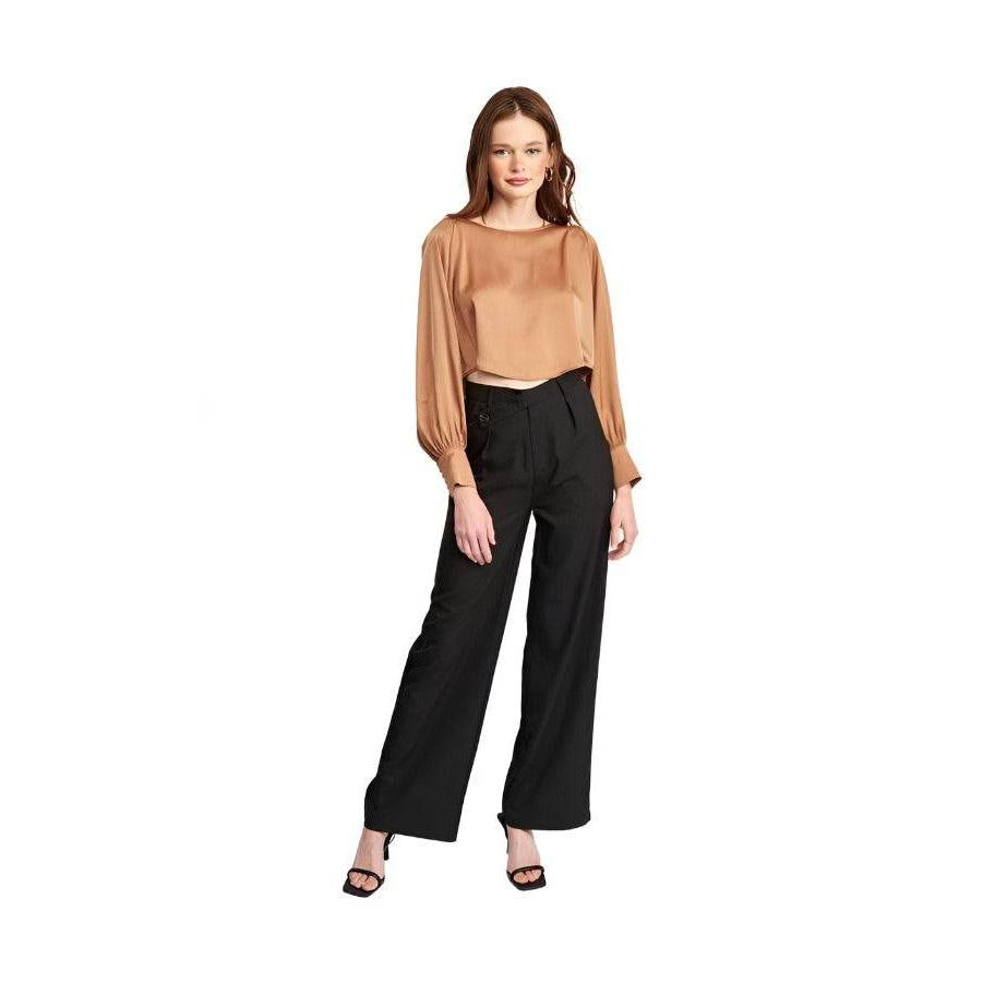 Emory Park women's long sleeve satin top in tan with stylish balloon sleeves and a relaxed fit