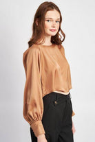 Emory Park long sleeve satin top in a warm brown color, perfect for stylish layering and casual wear