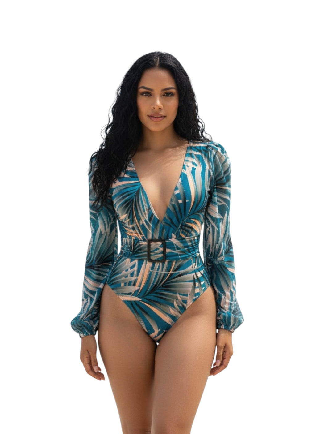 Women's long sleeve swimsuit in tropical print, perfect for beach days
