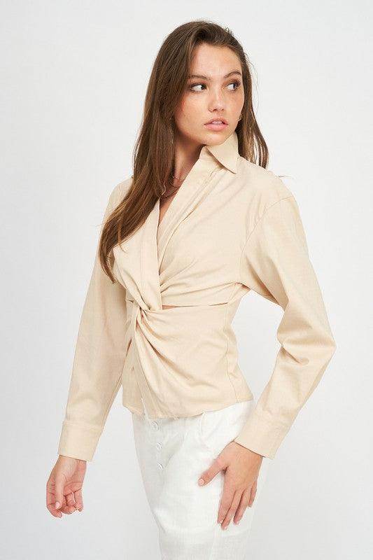 Long Sleeve Twist Front Top - VacationGrabs