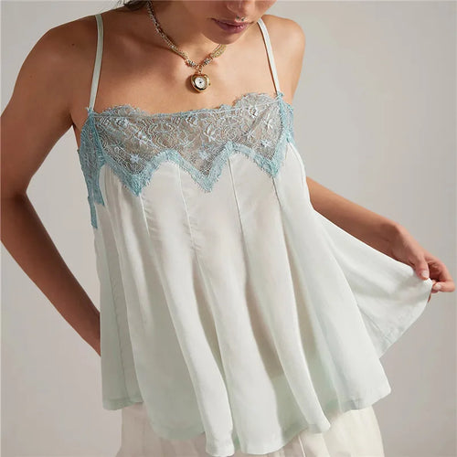Women's long sleeveless blouse in light blue with lace detailing