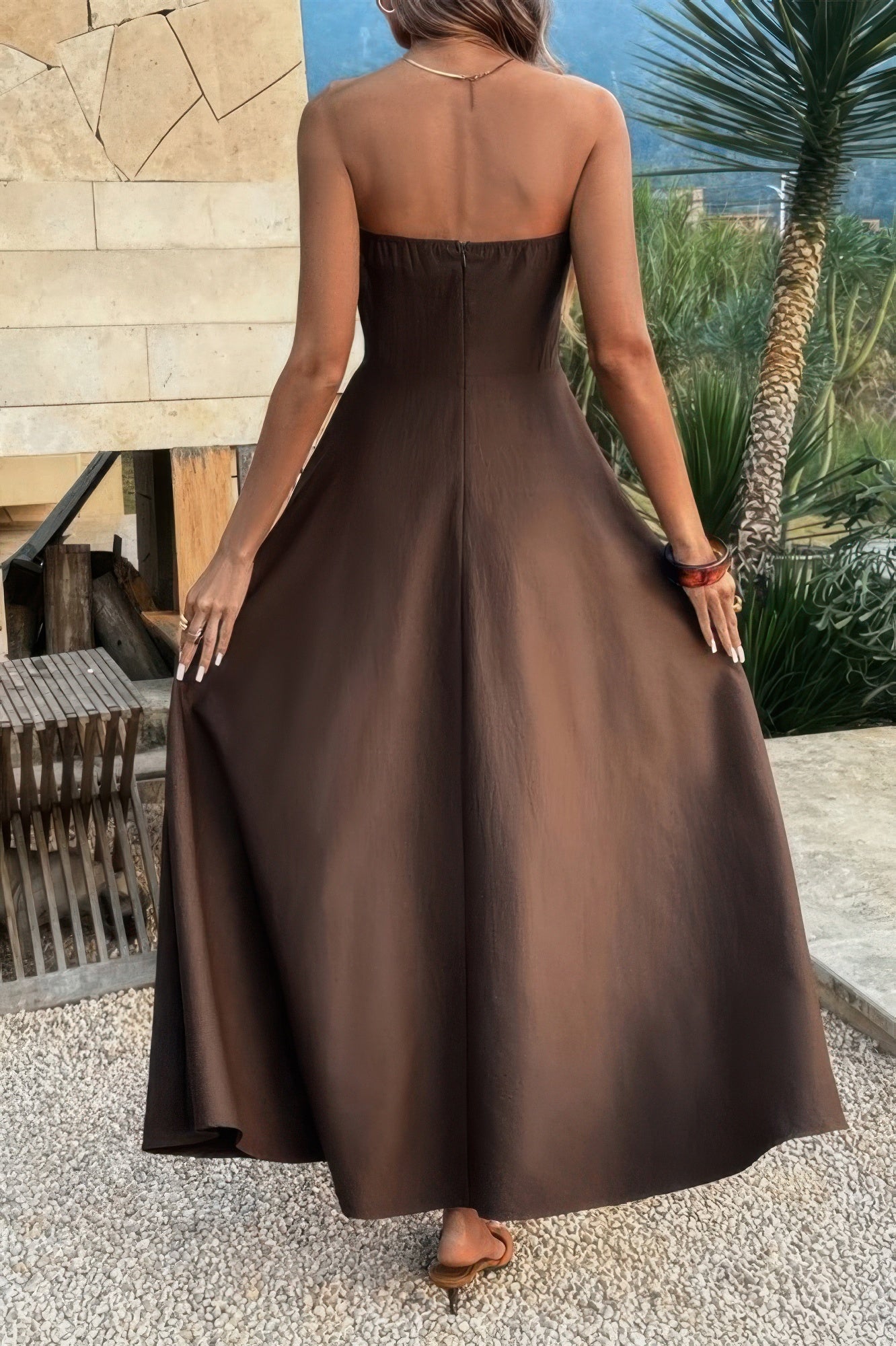 Brown long sleeveless dress, lightweight material for summer outings