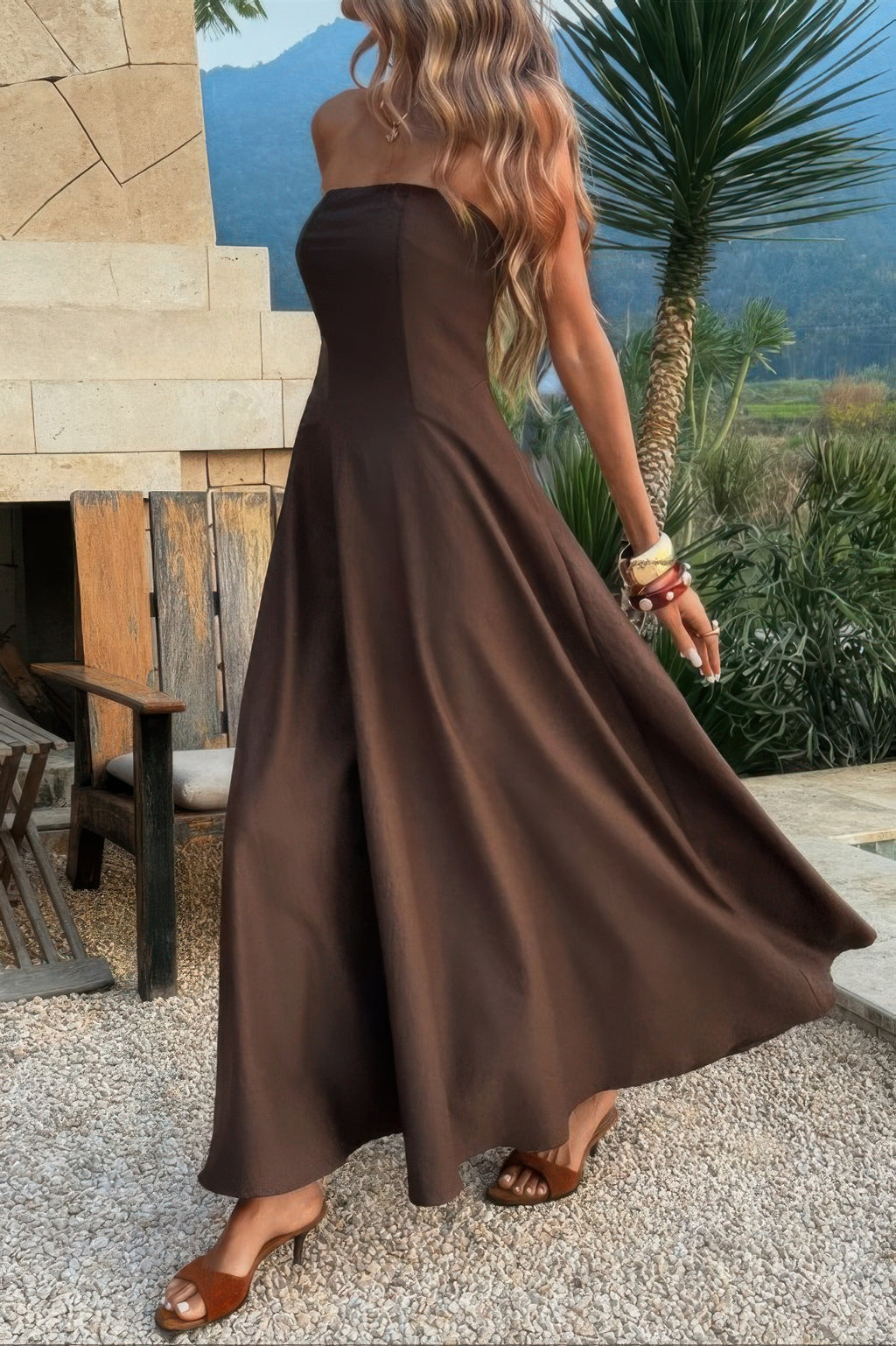 Brown long sleeveless dress, lightweight fabric for summer outings