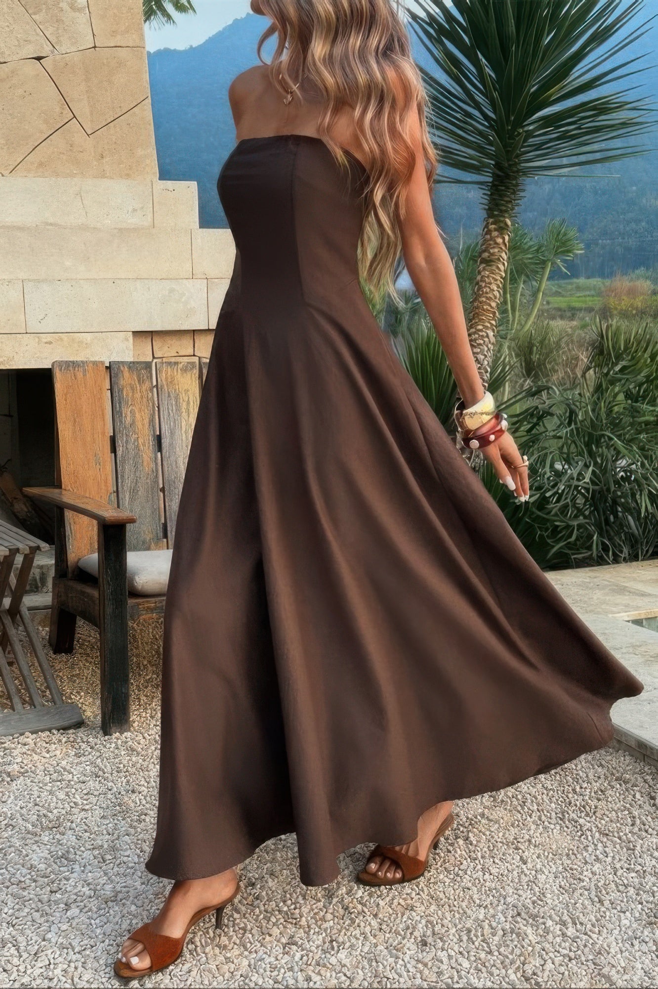 Brown long sleeveless dress, lightweight fabric for summer outings