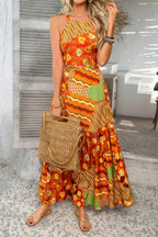 Women's orange floral long sleeveless dress, perfect for summer outings