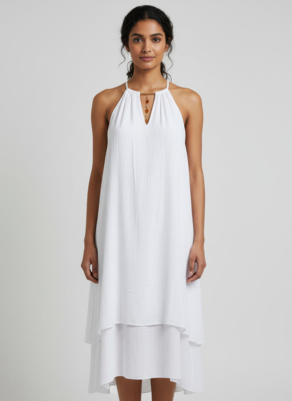 Women's white long sleeveless dress, lightweight fabric for summer outings