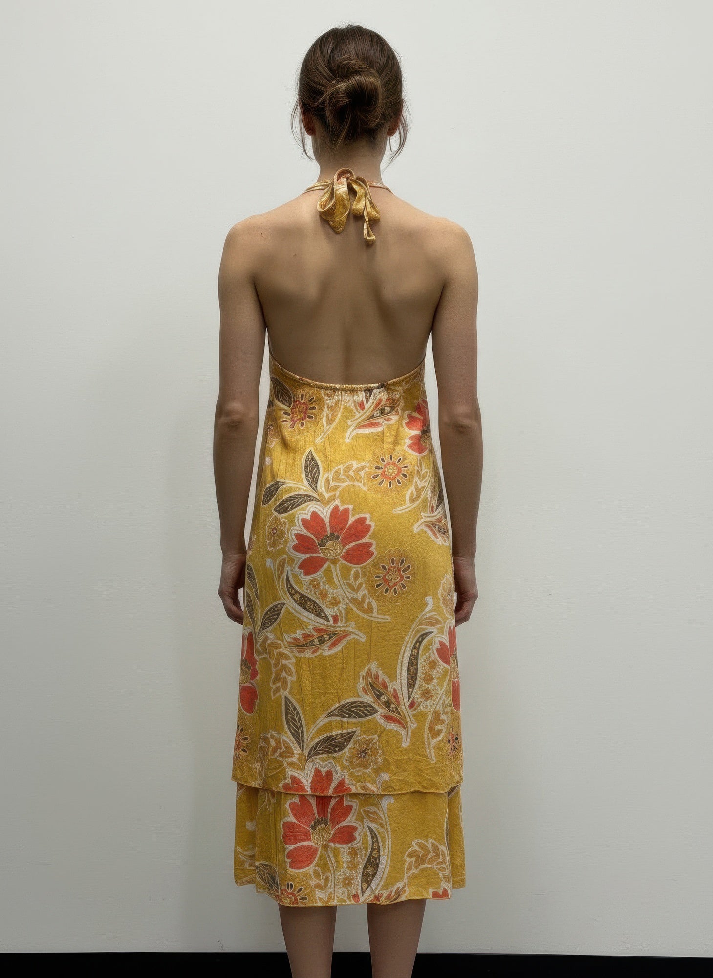 Women's yellow floral long sleeveless dress, perfect for summer events