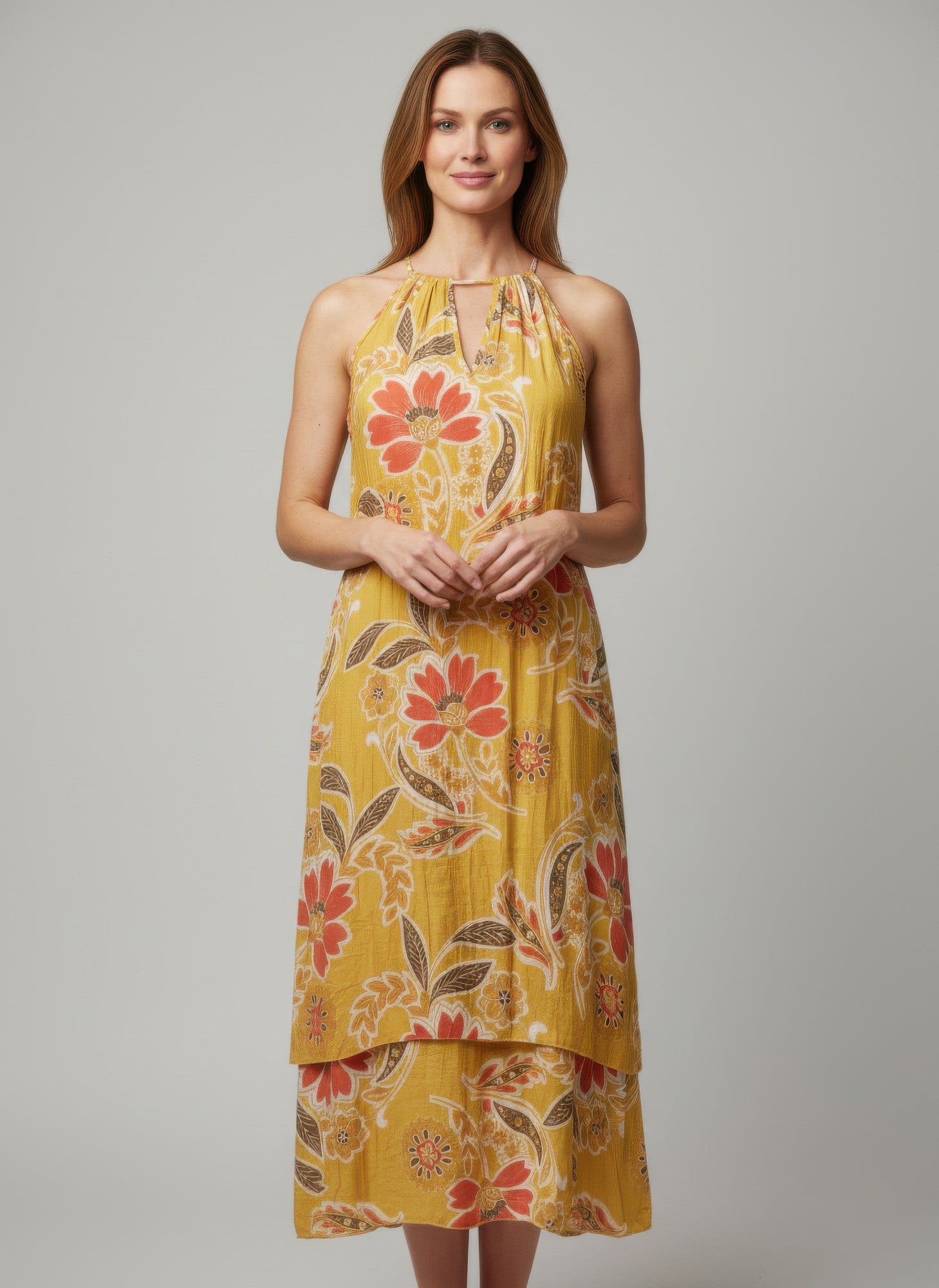 Women's floral long sleeveless dress in yellow, perfect for summer outings