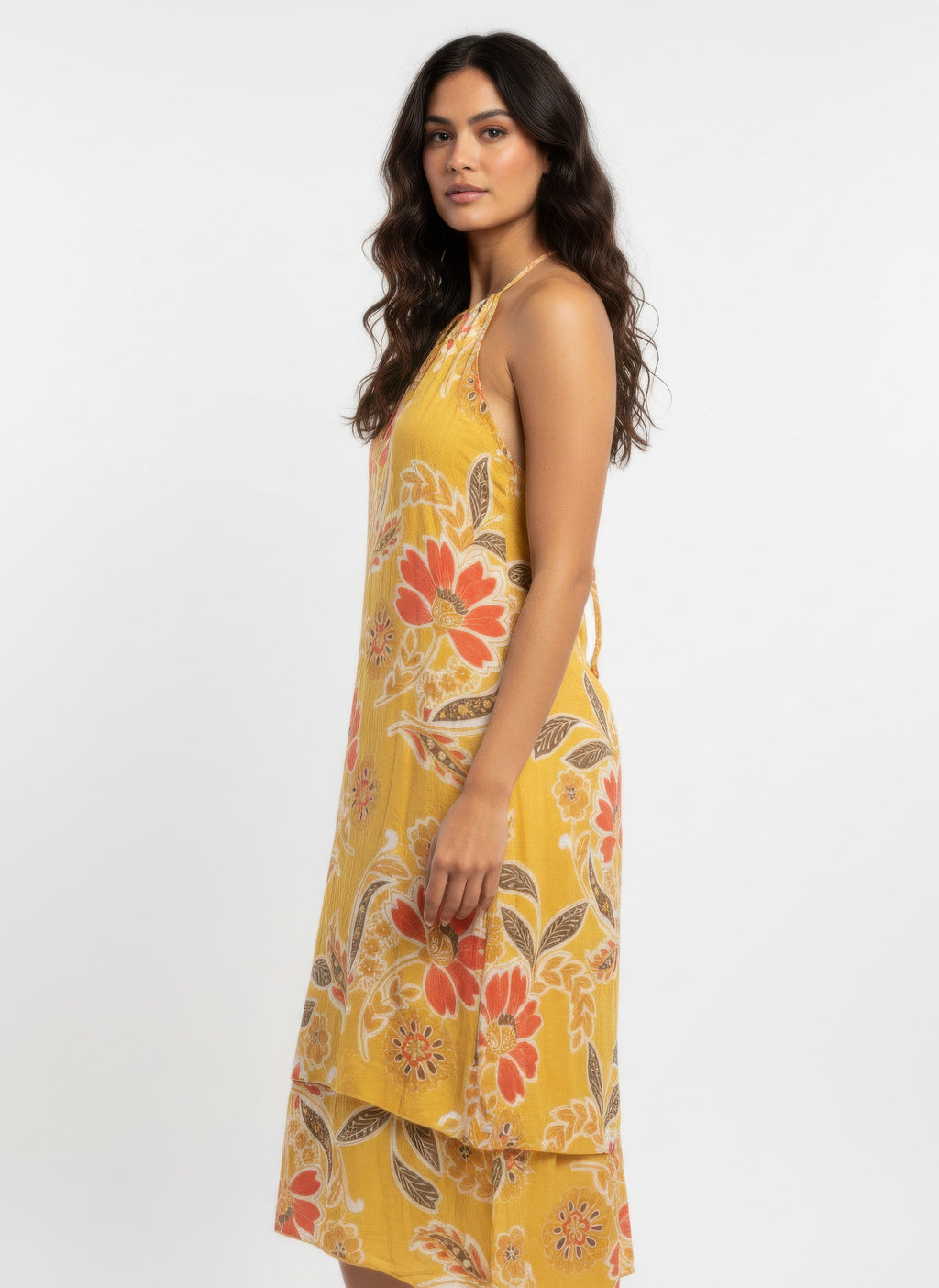 Yellow floral long sleeveless dress, perfect for summer outings
