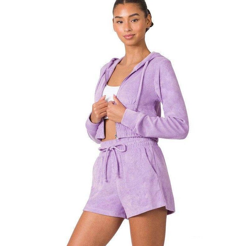 Loop Terry Zip Up Cropped Hoodie & Shorts Set - VacationGrabs