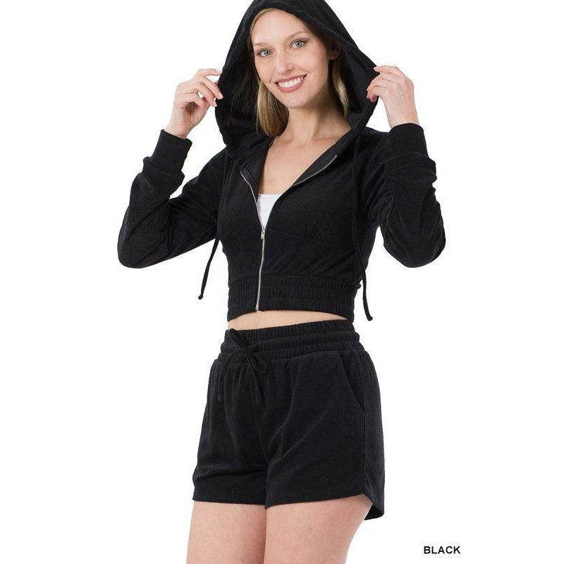 Loop Terry Zip Up Cropped Hoodie & Shorts Set - VacationGrabs