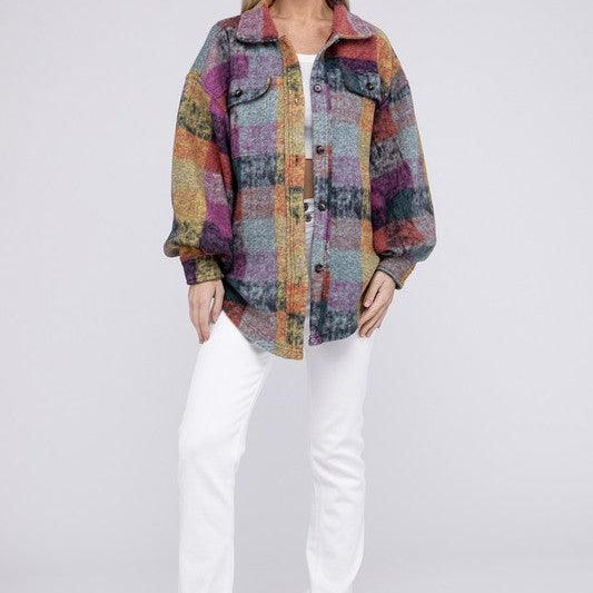Women's Shirts - Shackets Loose Fit Buttoned Down Check Shirt Jacket