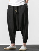 Loose fit mens vacation pants in black with adjustable drawstring for comfortable wear