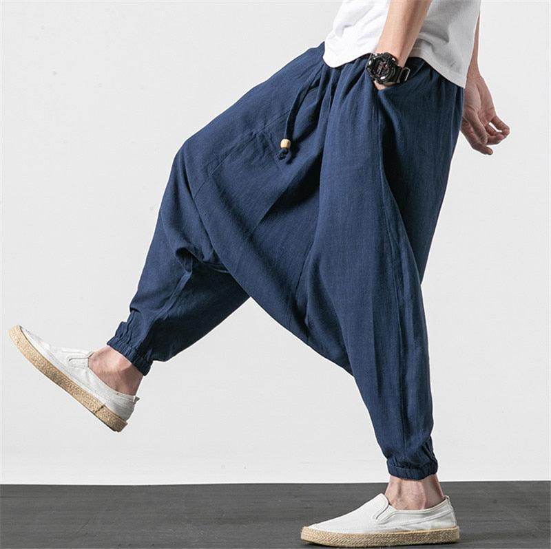 Navy Loose Fit Mens Vacation Pants with Elastic Cuffs for Comfortable Travel Wear