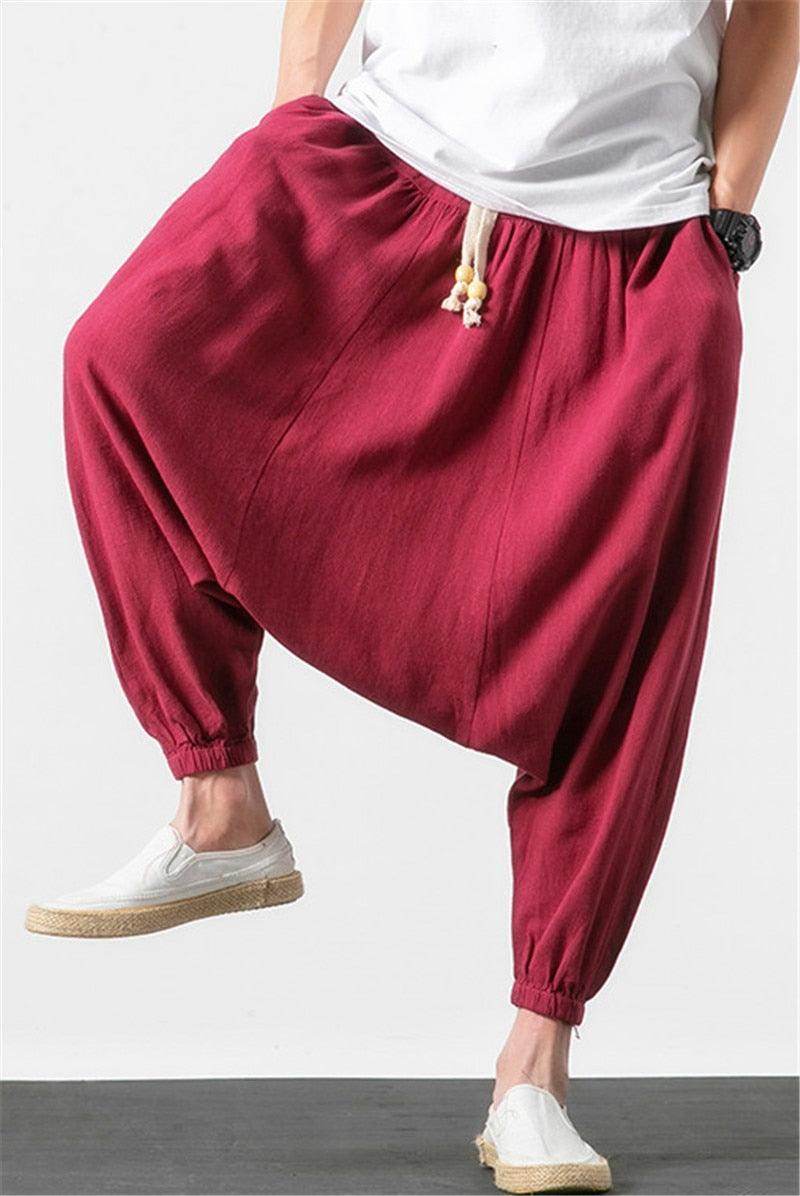 Loose fit mens vacation pants in burgundy with elastic waistband for comfortable styling