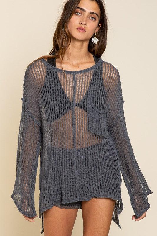 Women's Sweaters Loose Fit See-Through Boat Neck Sweater