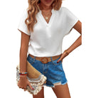 VacationGrabs loose ruched tank top for women in white paired with denim shorts