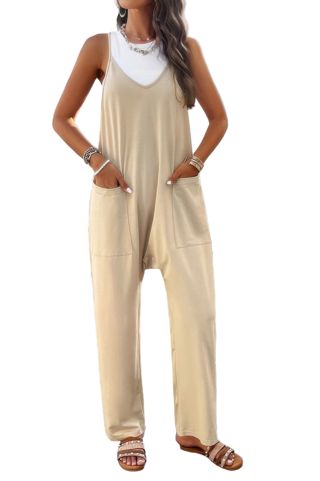 Loose sleeveless jumpsuit for women by VacationGrabs with side pockets and a relaxed fit