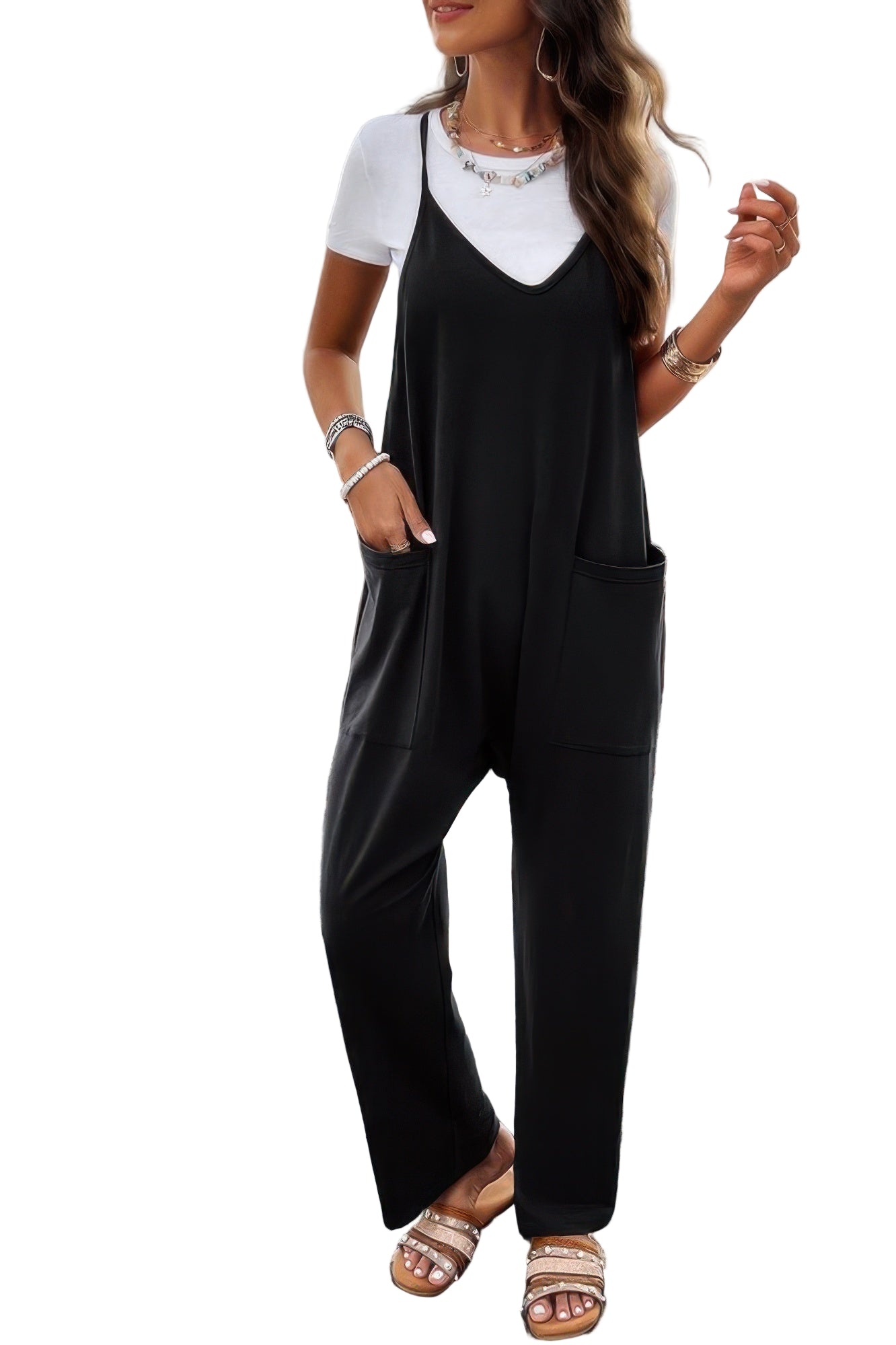 Loose sleeveless jumpsuit for women in black with wide legs and front pockets for a stylish casual look