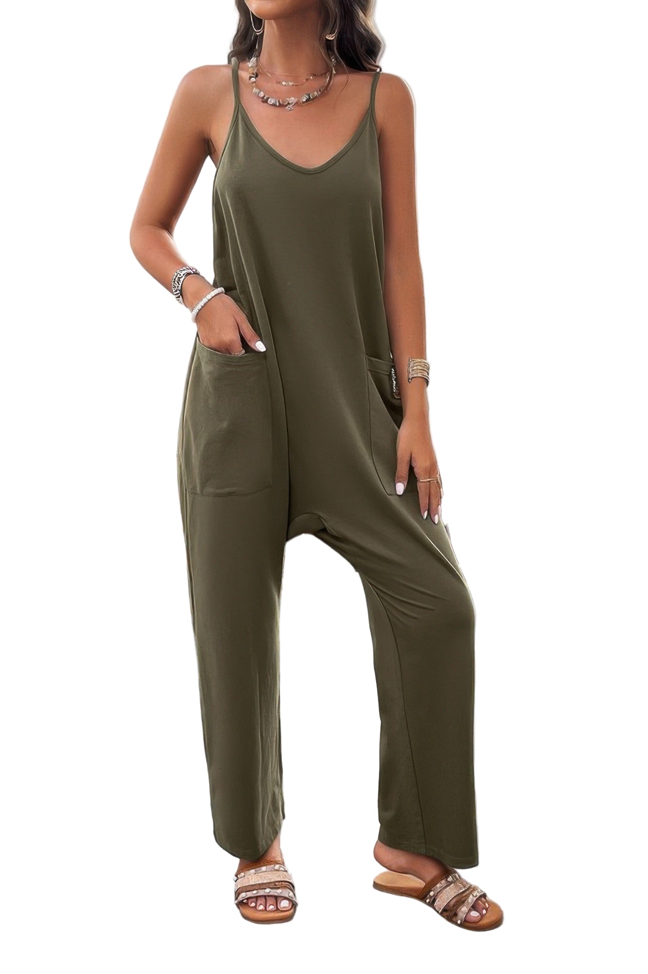 Loose sleeveless jumpsuit for women in olive green with two side pockets and a relaxed fit