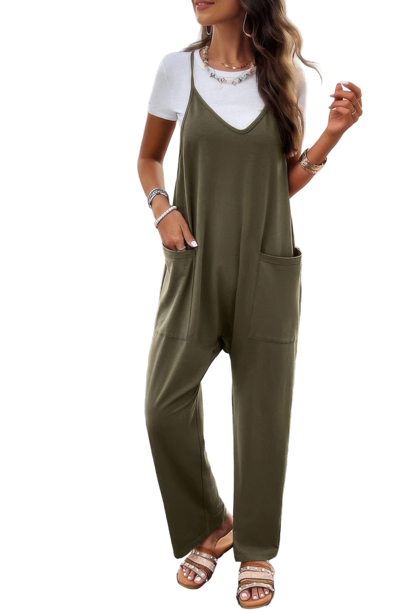 Olive green loose sleeveless jumpsuit for women with comfortable pockets, perfect for casual outings