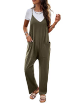 Olive green loose sleeveless jumpsuit for women with comfortable pockets, perfect for casual outings