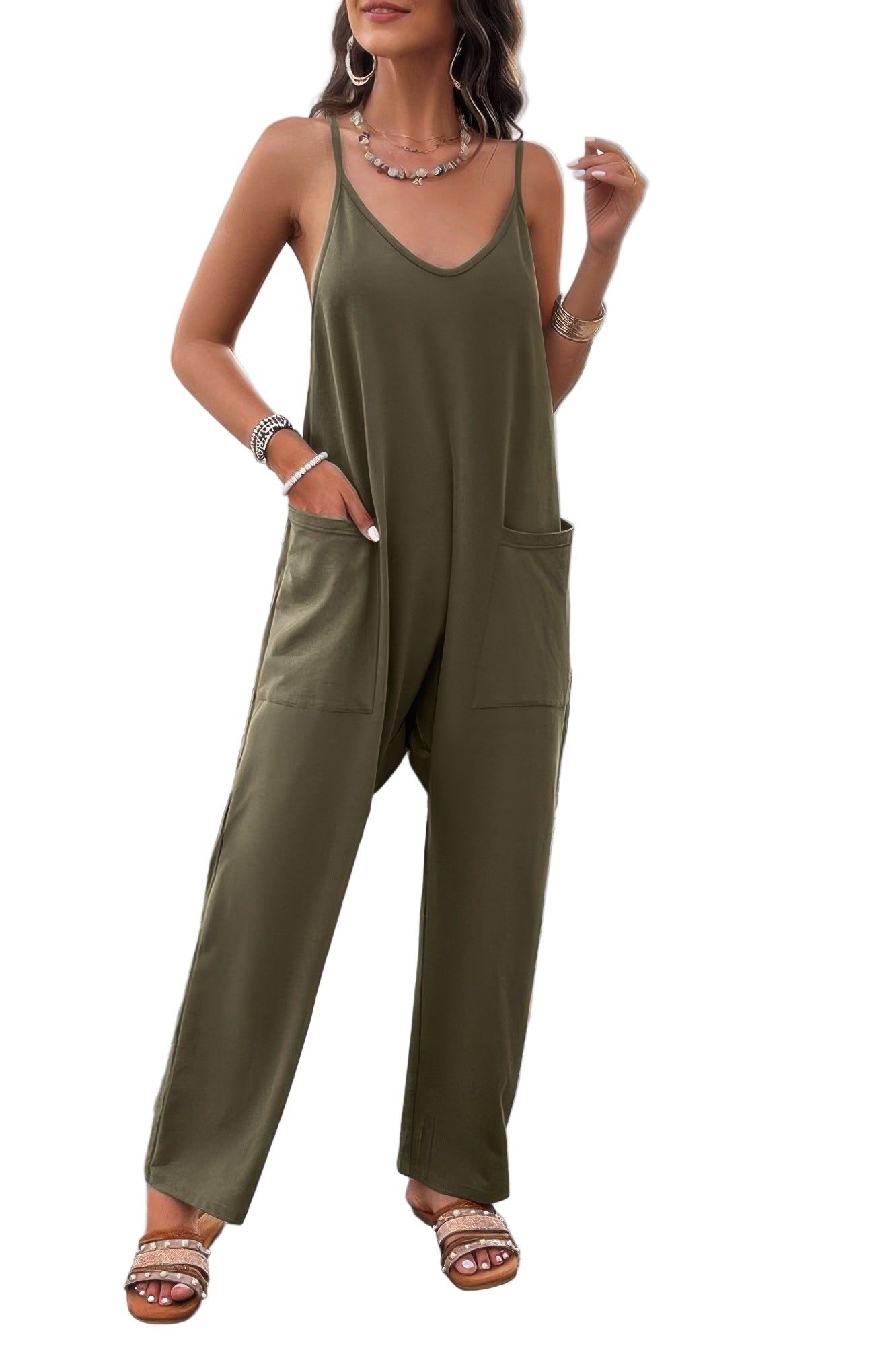 Loose sleeveless jumpsuit for women in olive green with pockets, perfect for casual summer outings