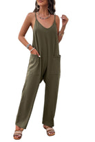 Loose sleeveless jumpsuit for women in olive green with pockets, perfect for casual summer outings