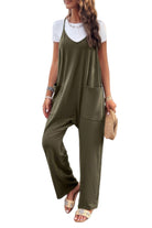 Olive green loose sleeveless jumpsuit for women with pockets, perfect for casual summer outings.
