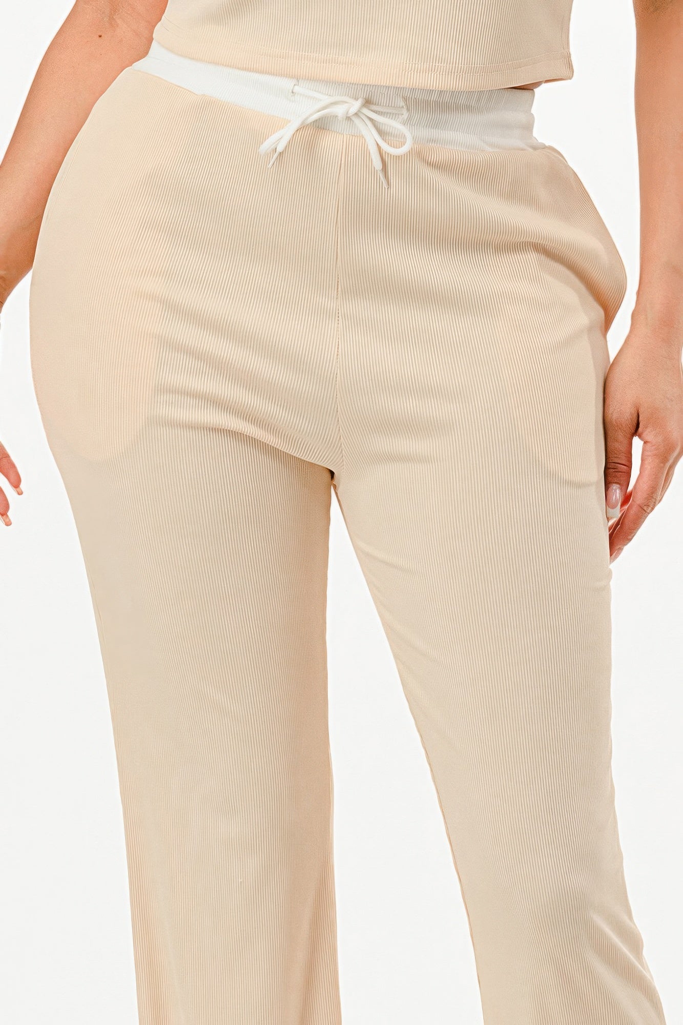Beige Women's Ribbed Contrast Binding Lounge Set featuring comfortable pants and a stylish top