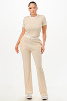 Women's ribbed contrast binding lounge set in beige with short sleeves and flared pants