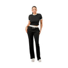 Women's ribbed contrast binding lounge set in black with cropped top and relaxed trousers