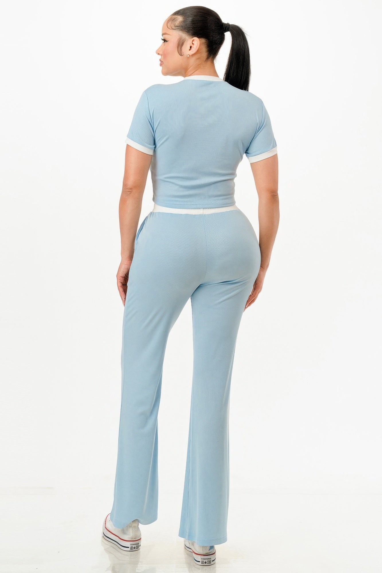Women's ribbed contrast binding lounge set in light blue with fitted top and flared pants